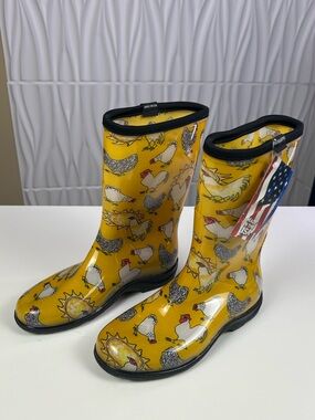 Sloggers Yellow Chicken Print Women's Rain Boots - Brand New